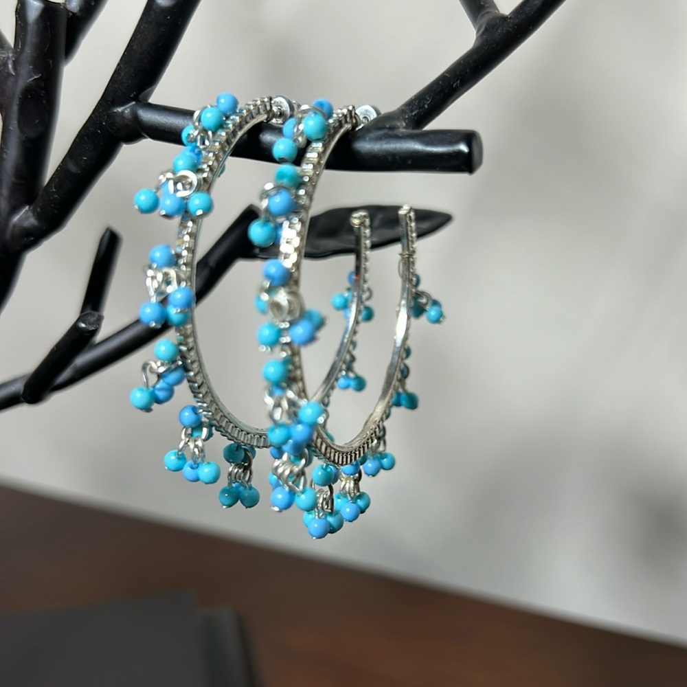 Faux Turquoise Bead Hoop Earrings. 2” Diameter